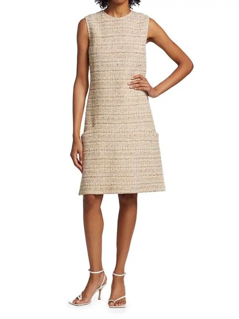 St. John New Sleeveless Tweed Knit Dress Jewel Neck Pockets Neutral Sz 8 $1,495 - Picture 5 of 16